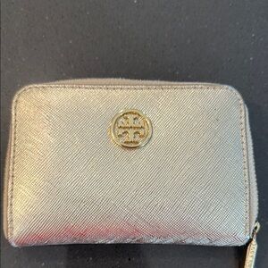Gold tory burch zip wallet with keychain